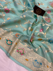 Light Blue Banarasi Khaddi Georgette Saree - Aura Benaras