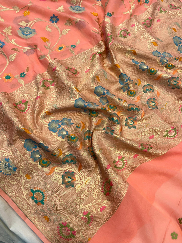Peach Banarasi Khaddi Georgette Saree - Aura Benaras