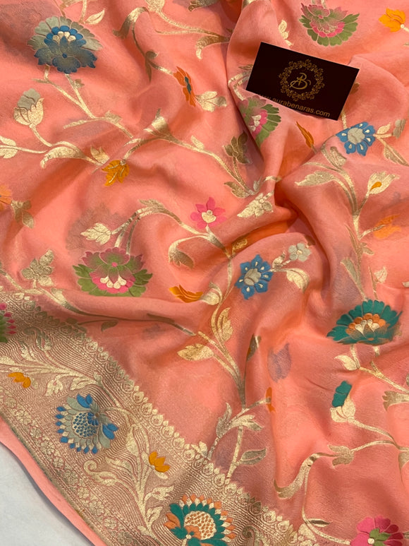 Peach Banarasi Khaddi Georgette Saree - Aura Benaras