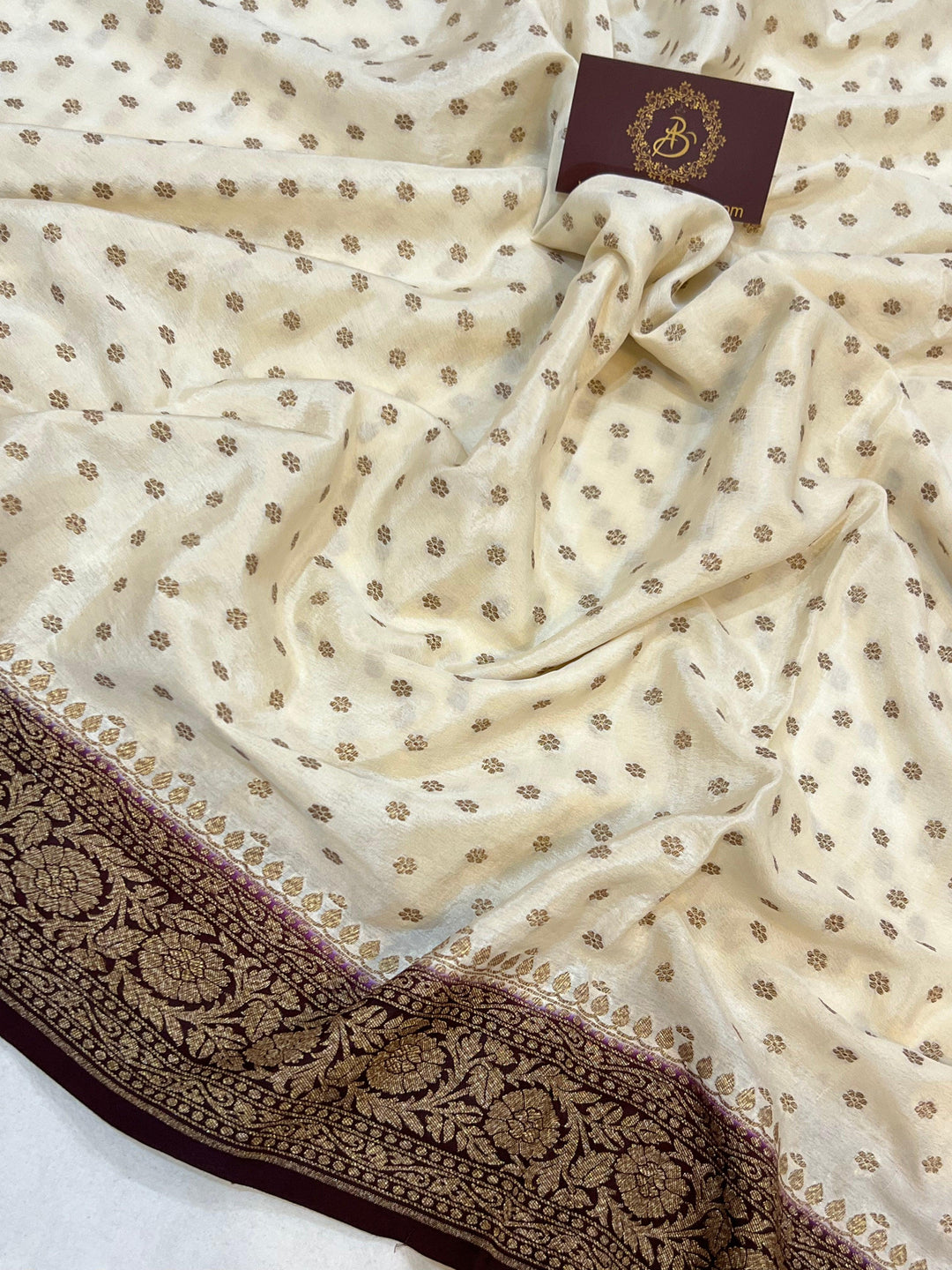 Cream Pure Banarasi Khaddi Crepe Silk Saree - Aura Benaras