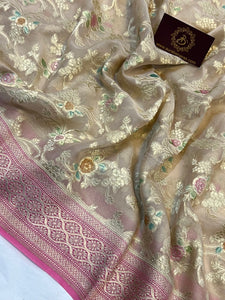 Beige Banarasi Khaddi Georgette Saree - Aura Benaras