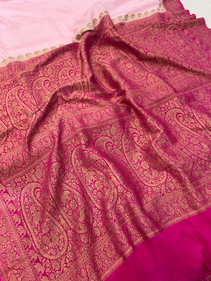 Baby Pink Pure Banarasi Khaddi Crepe Silk Saree - Aura Benaras