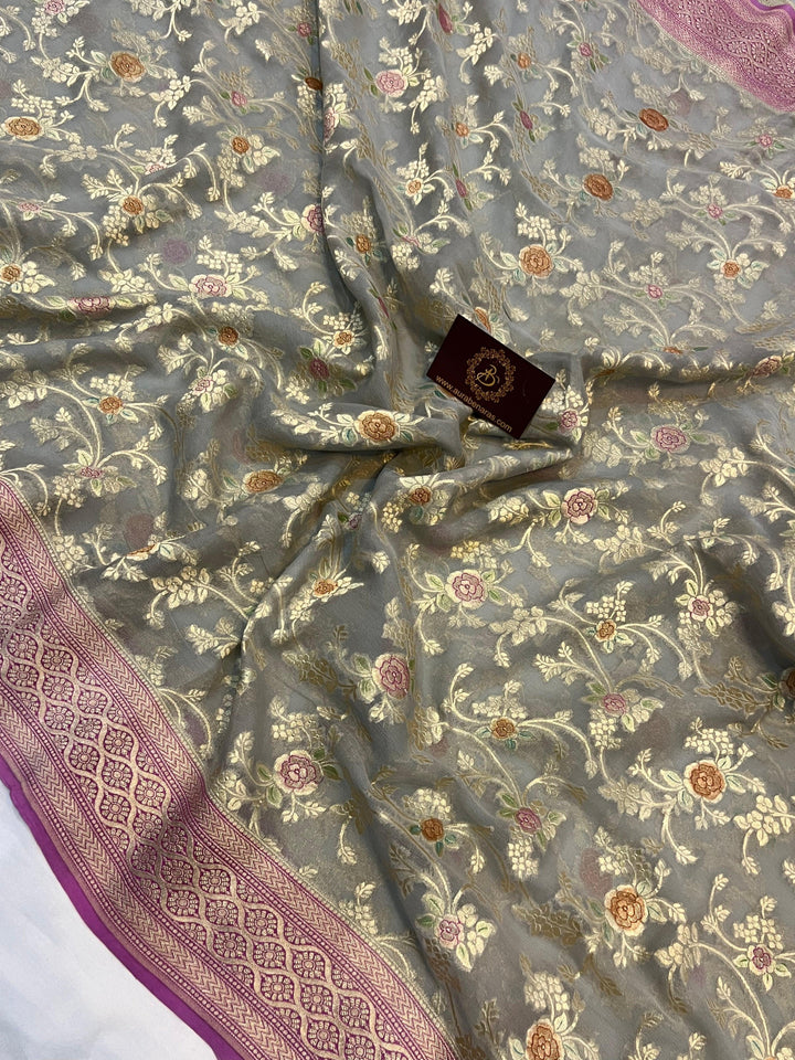 Grey Banarasi Khaddi Georgette Saree - Aura Benaras