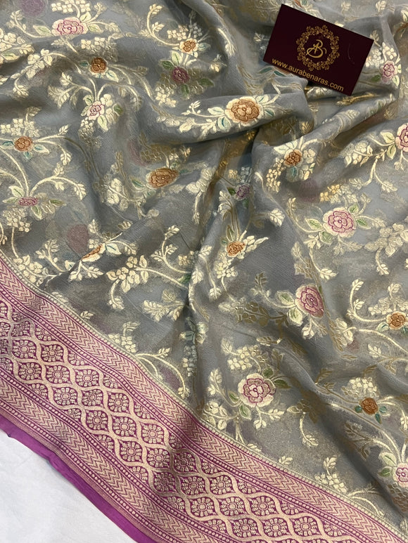 Grey Banarasi Khaddi Georgette Saree - Aura Benaras