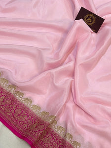 Baby Pink Pure Banarasi Khaddi Crepe Silk Saree - Aura Benaras