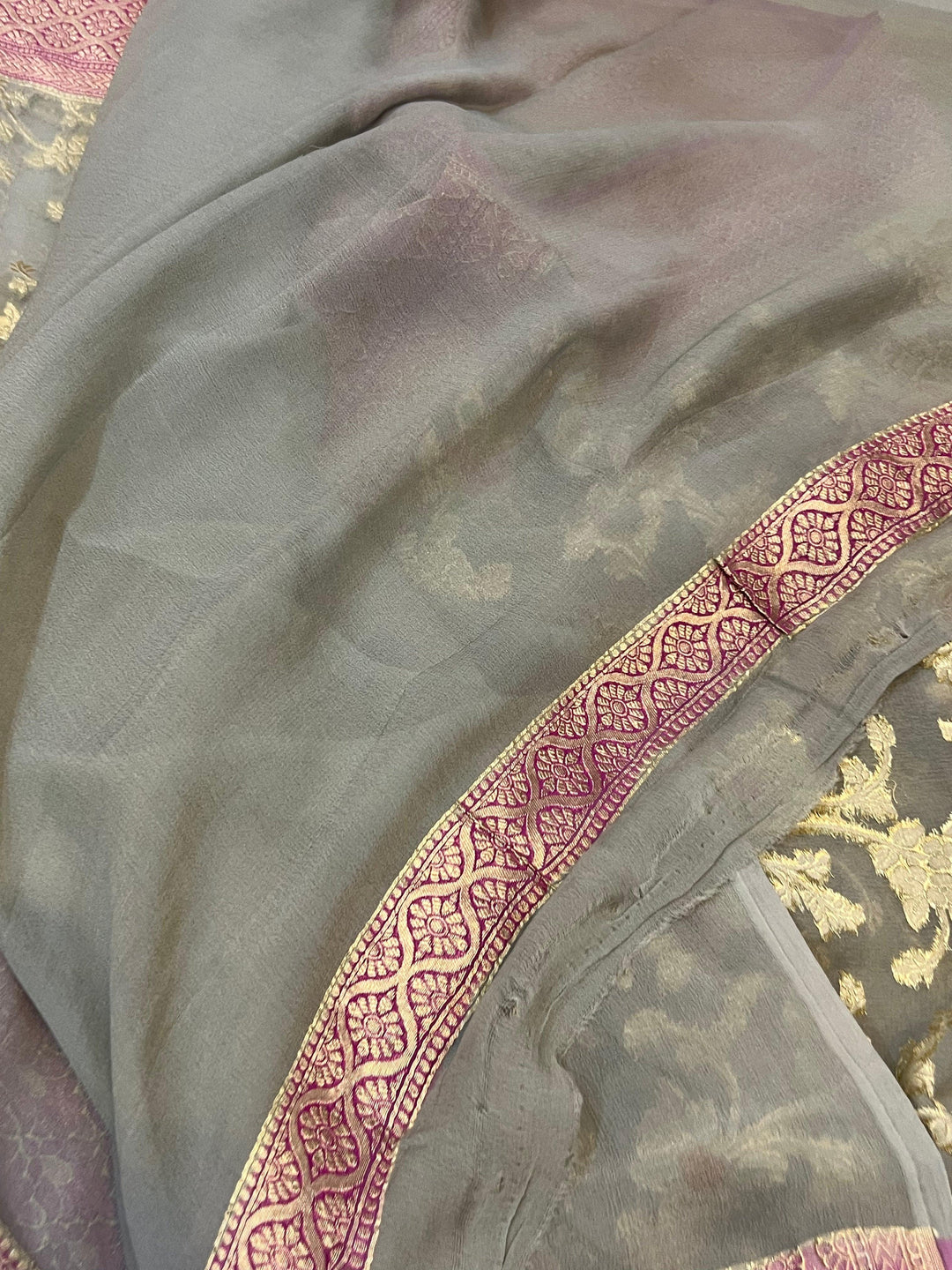 Grey Banarasi Khaddi Georgette Saree - Aura Benaras