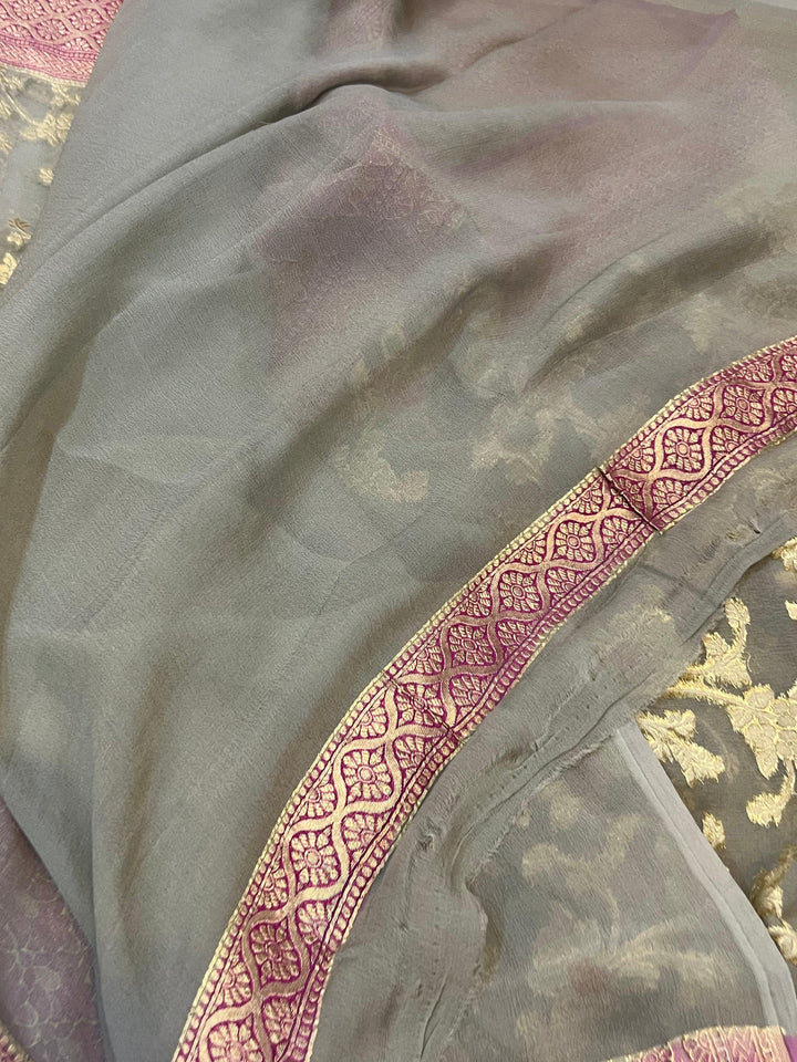 Grey Banarasi Khaddi Georgette Saree - Aura Benaras
