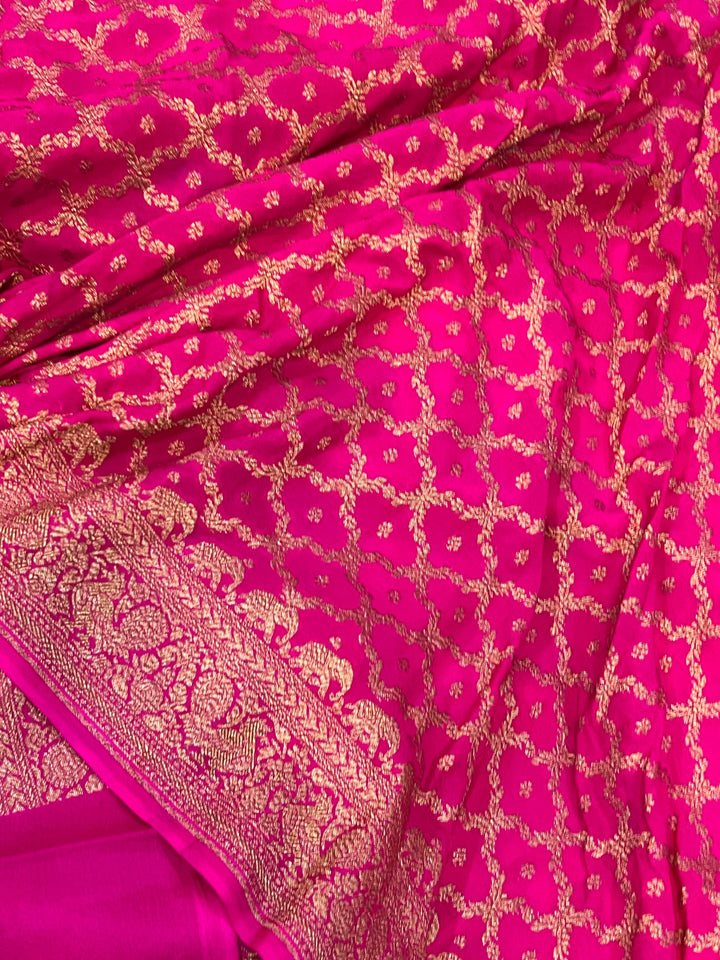 Baby Pink Pure Banarasi Khaddi Crepe Silk Saree - Aura Benaras