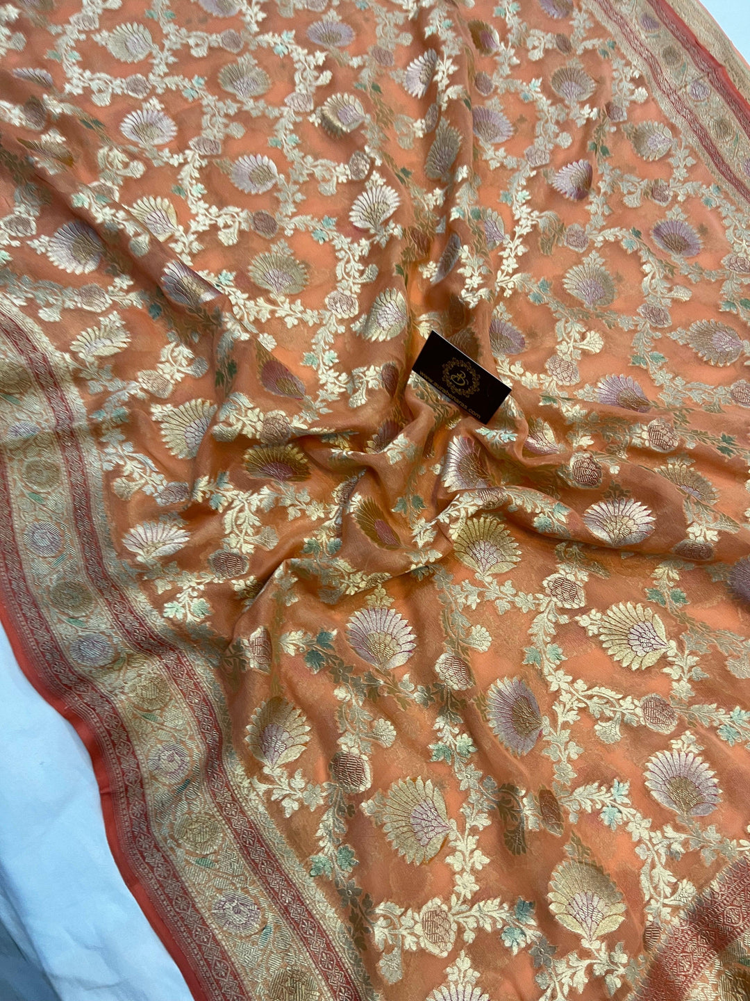 Peach Banarasi Khaddi Georgette Saree - Aura Benaras