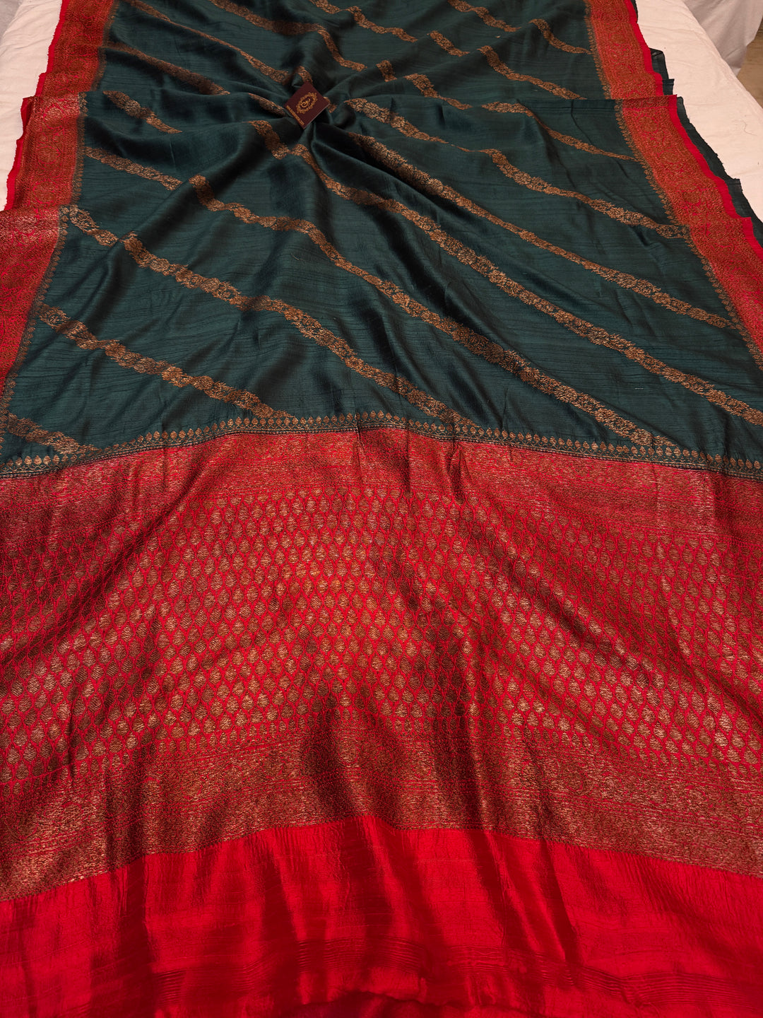 Bottle Green Pure Raw Silk Handloom Banarasi Saree