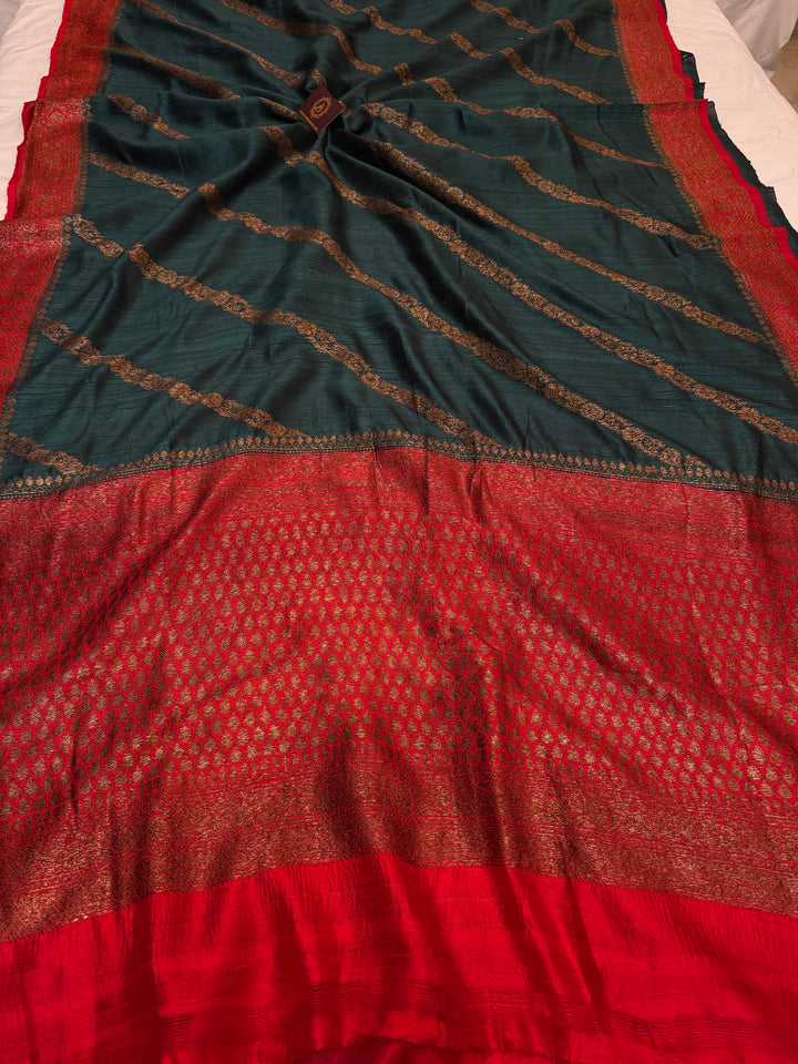 Bottle Green Pure Raw Silk Handloom Banarasi Saree