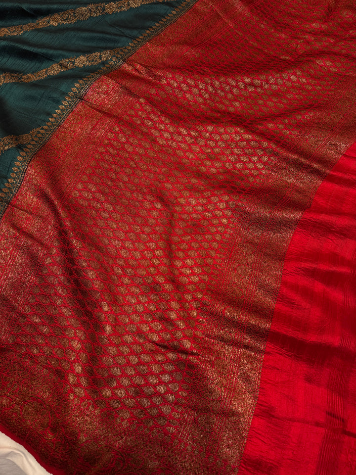 Bottle Green Pure Raw Silk Handloom Banarasi Saree