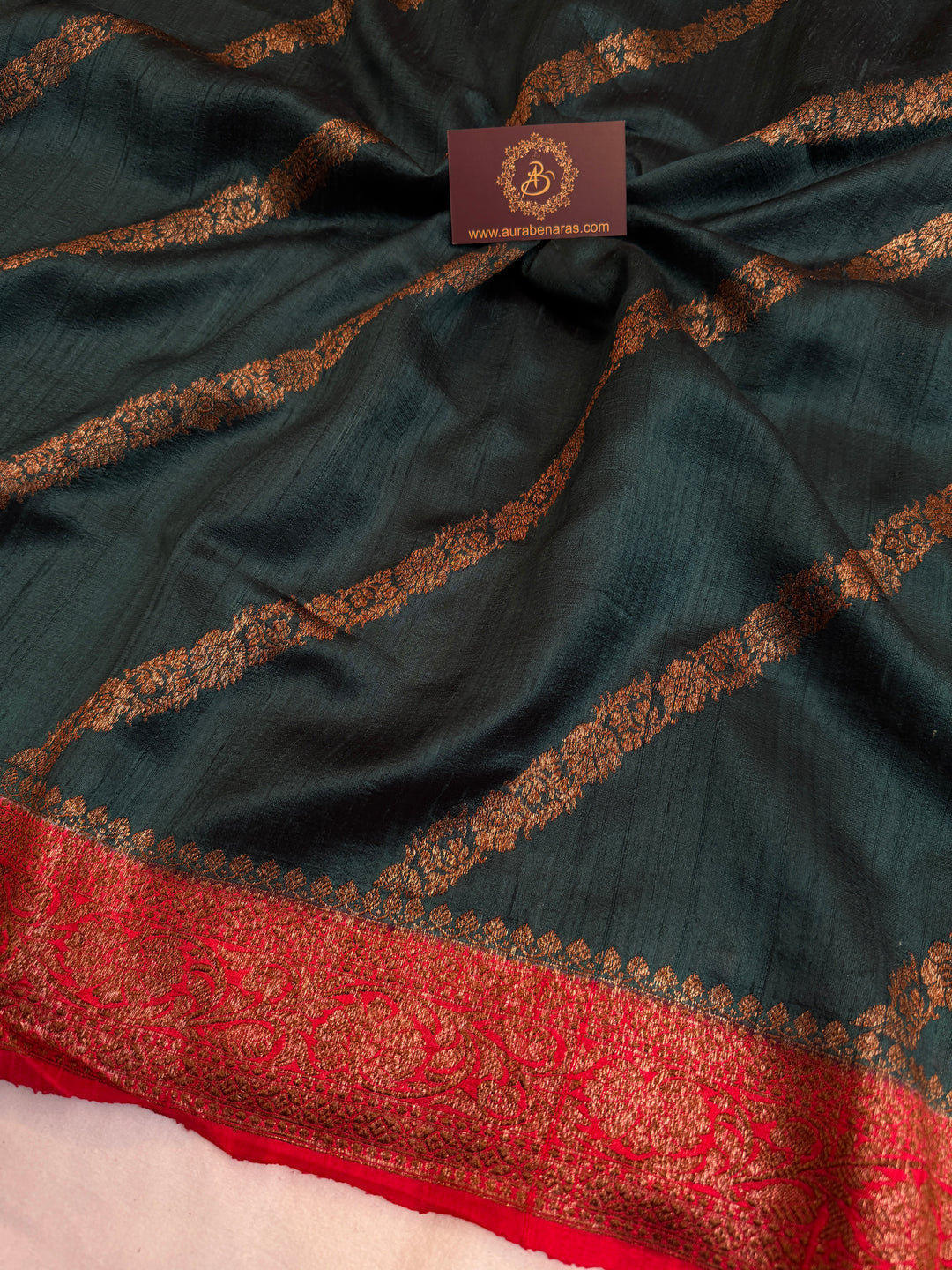 Bottle Green Pure Raw Silk Handloom Banarasi Saree