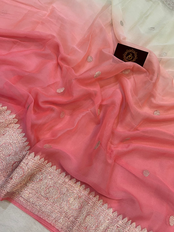 White-Pink Khaddi Chiffon Banarasi Handloom Saree - Aura Benaras