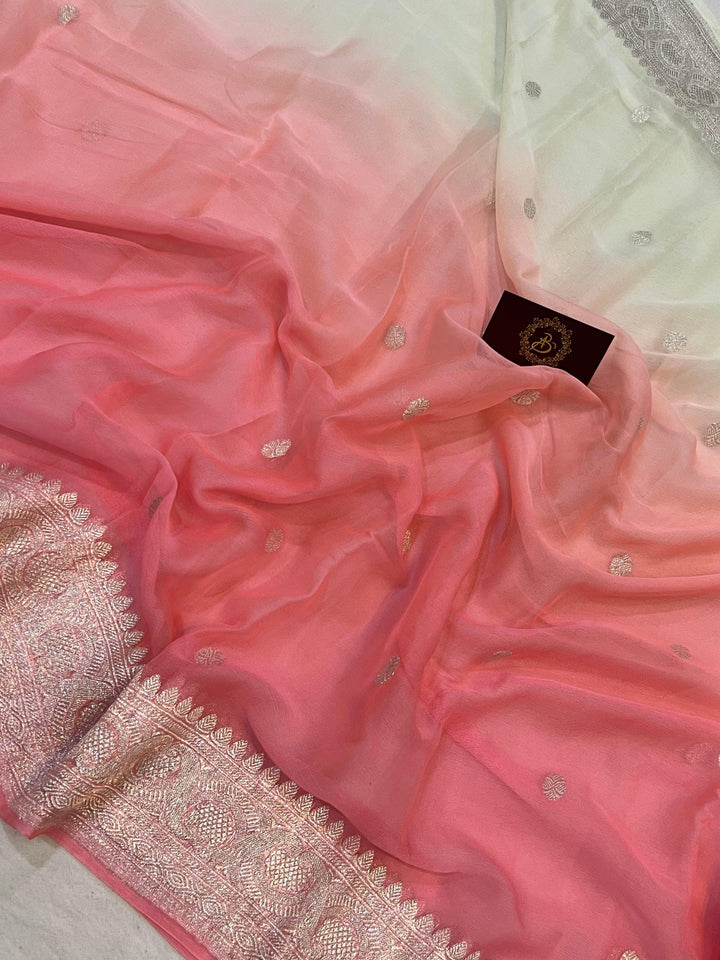 White-Pink Khaddi Chiffon Banarasi Handloom Saree - Aura Benaras