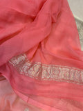 White-Pink Khaddi Chiffon Banarasi Handloom Saree - Aura Benaras