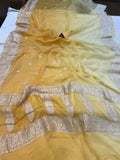 Cream-Yellow Khaddi Chiffon Banarasi Handloom Saree - Aura Benaras