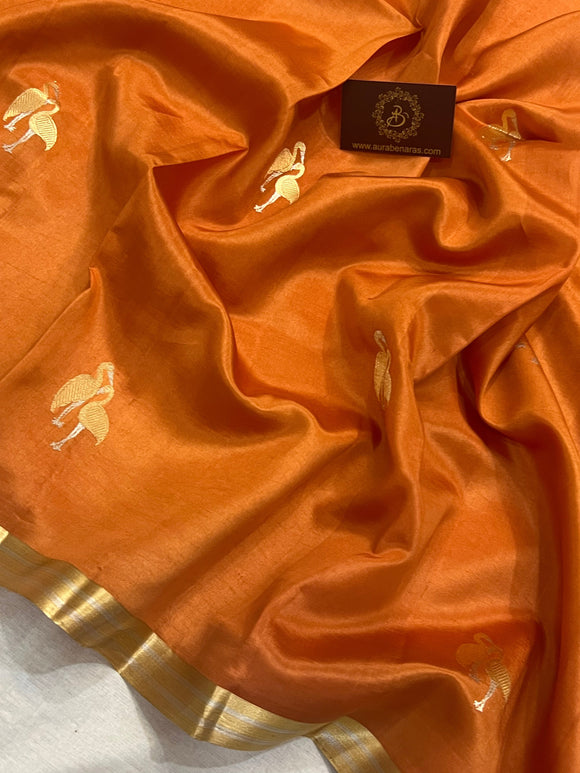 Carrot Orange Pure Banarasi Handloom Silk Saree - Aura Benaras