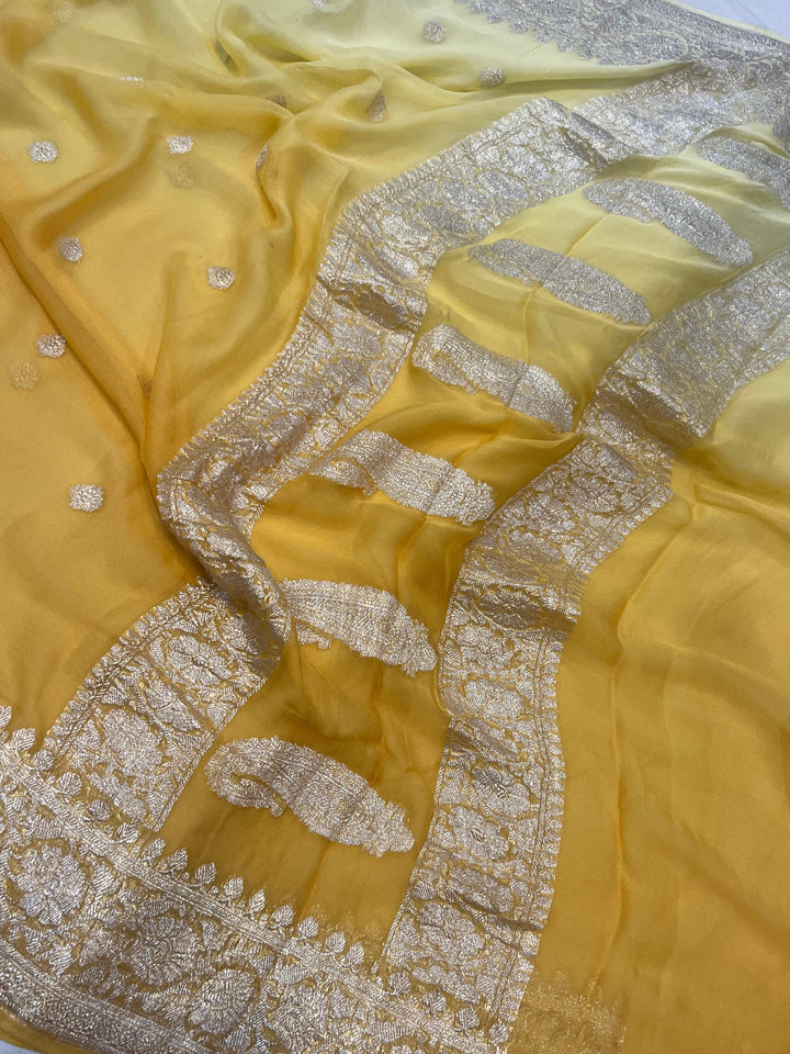Cream-Yellow Khaddi Chiffon Banarasi Handloom Saree - Aura Benaras