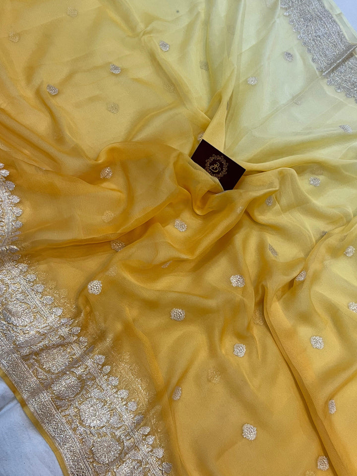 Cream-Yellow Khaddi Chiffon Banarasi Handloom Saree - Aura Benaras