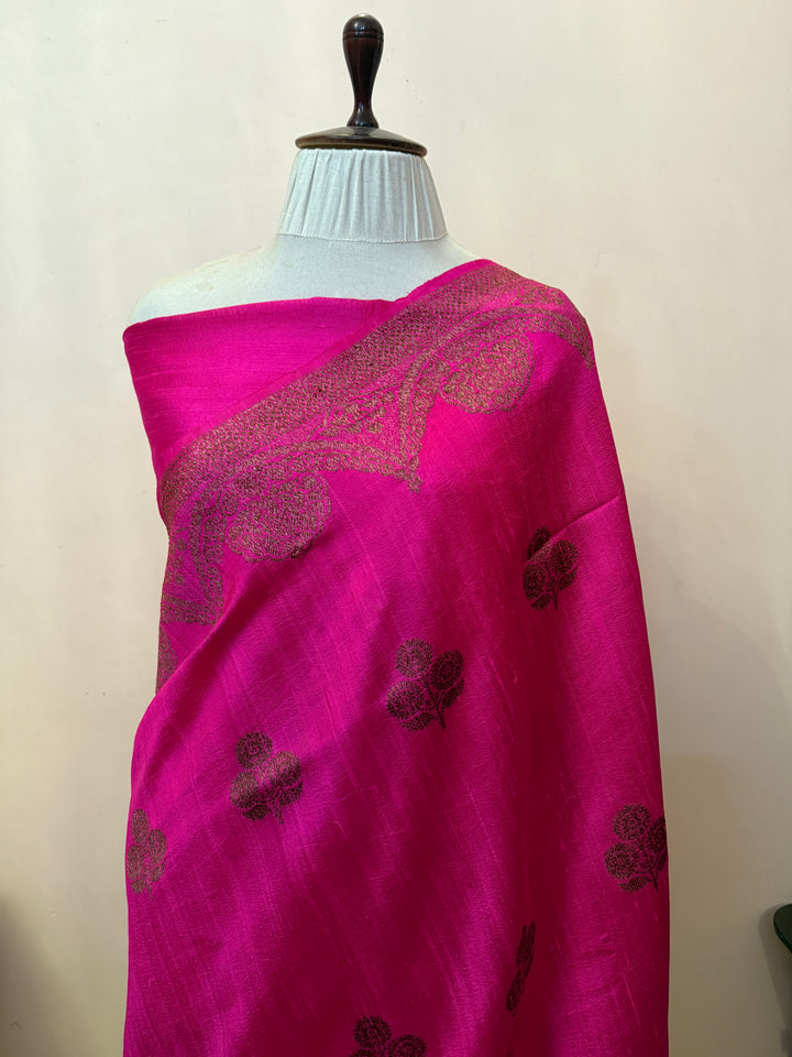 Rani Pink Pure Raw Silk Handloom Banarasi Saree