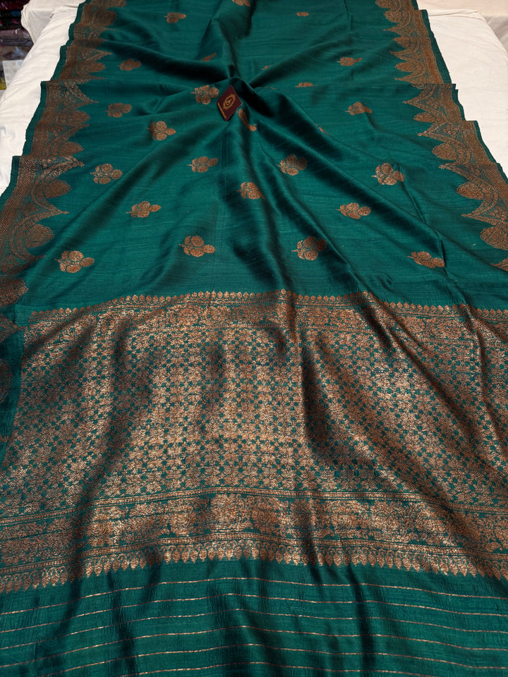 Bottle Green Pure Raw Silk Handloom Banarasi Saree