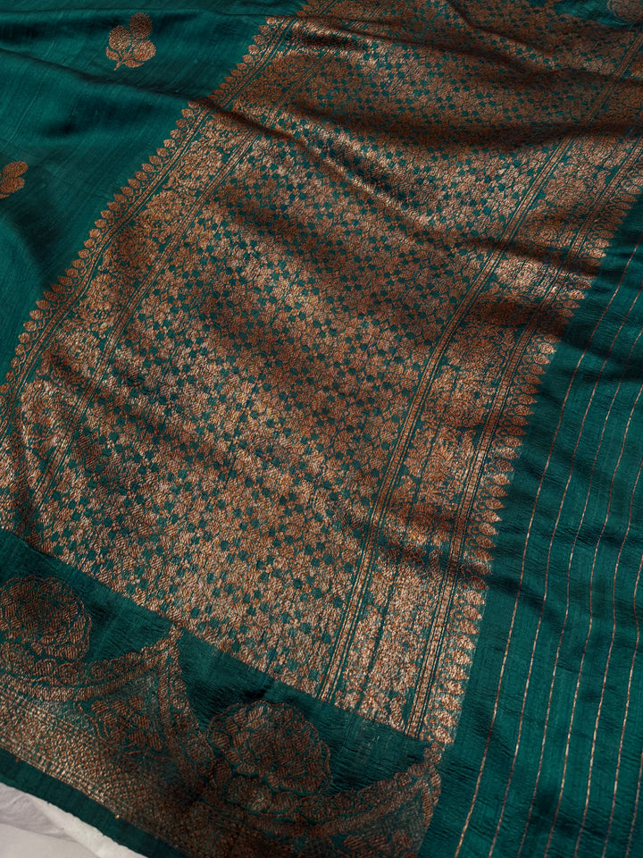Bottle Green Pure Raw Silk Handloom Banarasi Saree