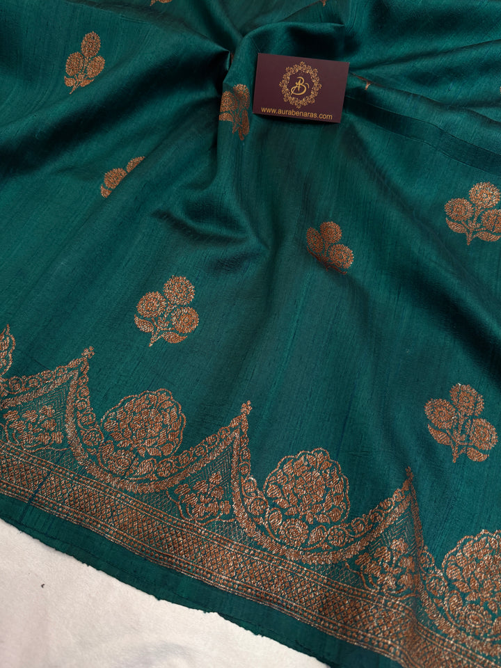 Bottle Green Pure Raw Silk Handloom Banarasi Saree