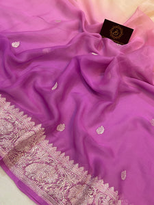 Cream-Lavender Khaddi Chiffon Banarasi Handloom Saree - Aura Benaras