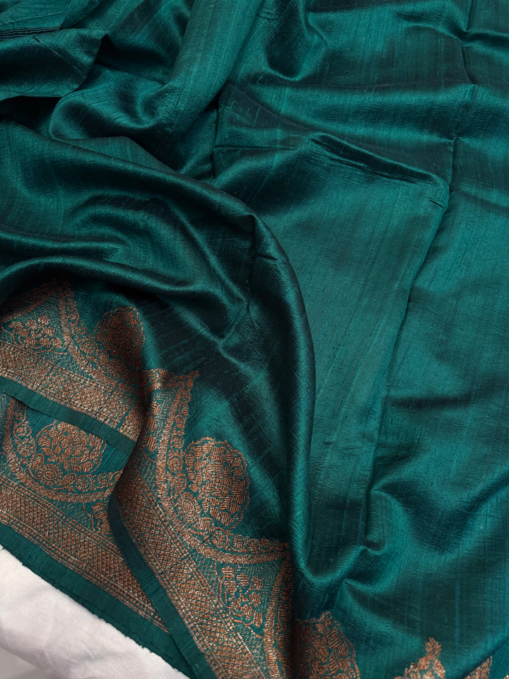 Bottle Green Pure Raw Silk Handloom Banarasi Saree