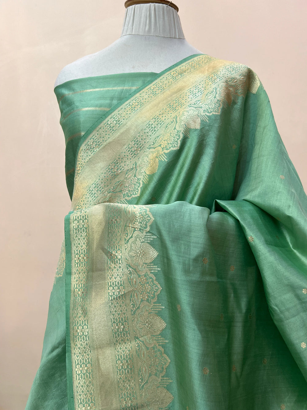 Draped pic of Sage Green Chiniya silk banarasi saree
