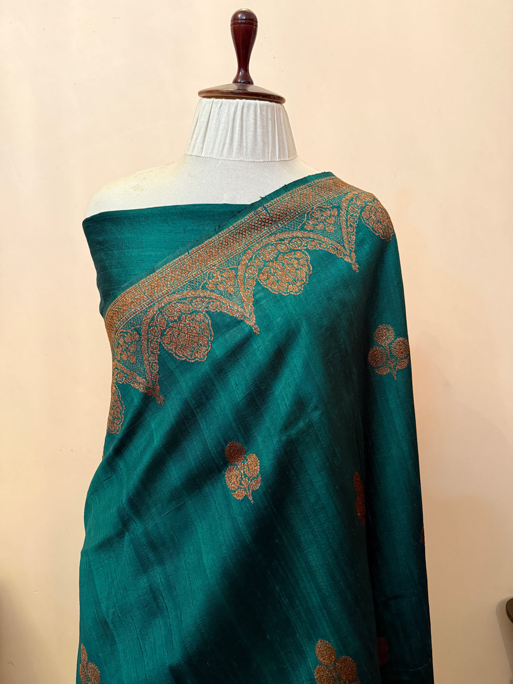 Bottle Green Pure Raw Silk Handloom Banarasi Saree