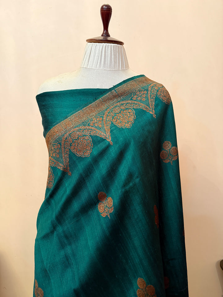 Bottle Green Pure Raw Silk Handloom Banarasi Saree