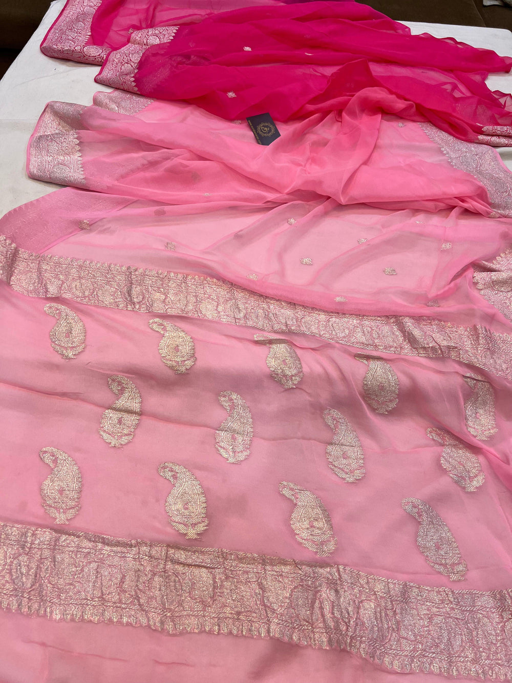  Pink Half n Half shaded Khaddi Chiffon Banarasi Handloom Saree - Aura Benaras