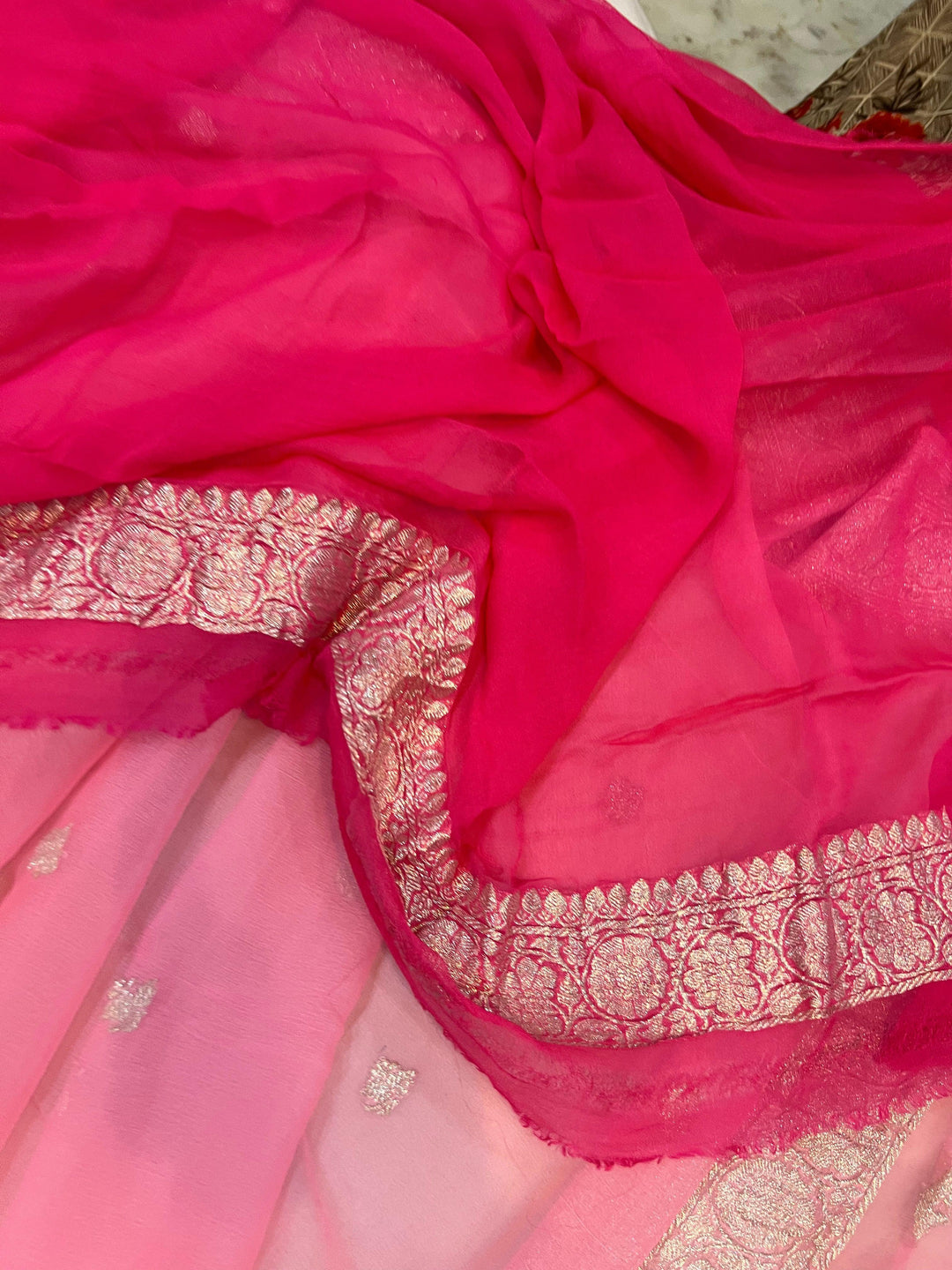  Pink Half n Half shaded Khaddi Chiffon Banarasi Handloom Saree - Aura Benaras