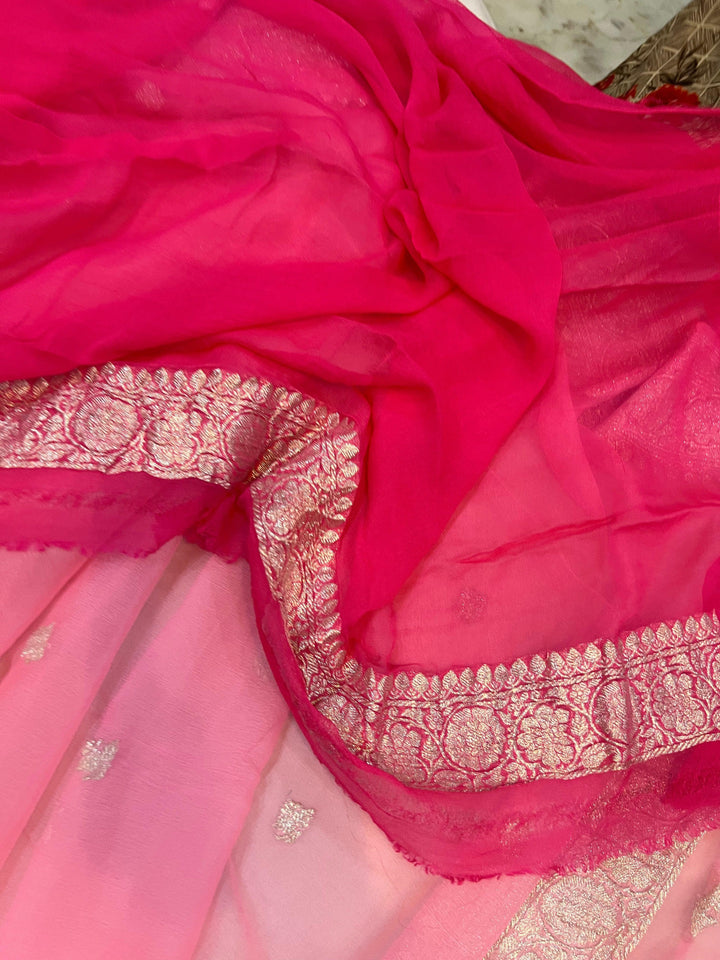  Pink Half n Half shaded Khaddi Chiffon Banarasi Handloom Saree - Aura Benaras