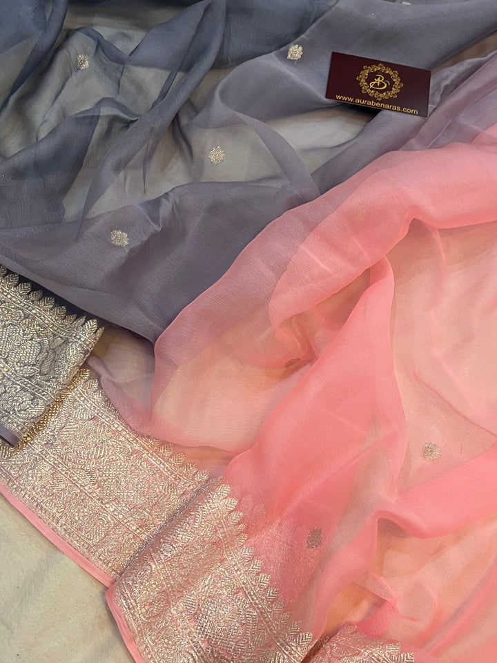 Grey-Pink shaded Khaddi Chiffon Banarasi Handloom Saree - Aura Benaras