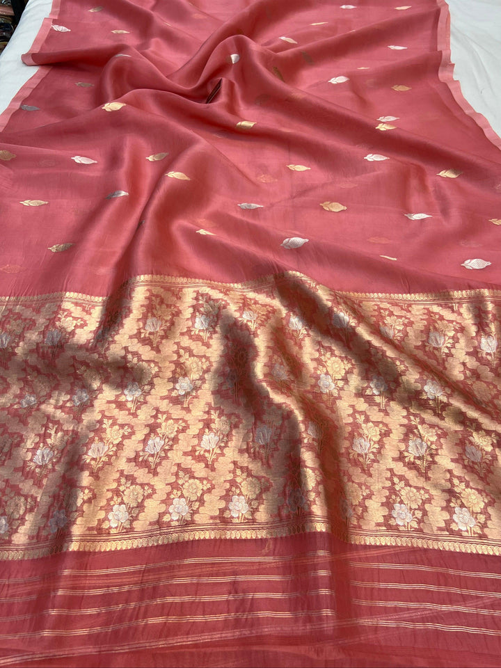 Pure Kora silk handloom Banarasi saree draped with Kadhwa Sona Rupa butis, sleek Mashru silk border, and elegant designer pallu