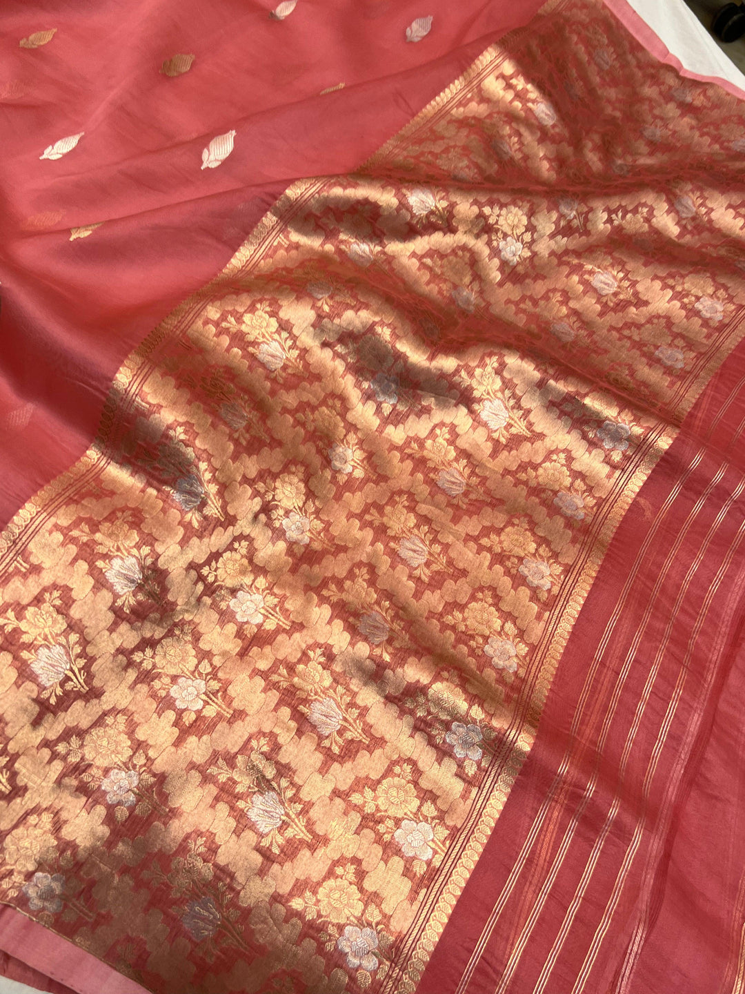 Classy designer pallu woven with gold and silver zari on pure Kora silk Banarasi saree