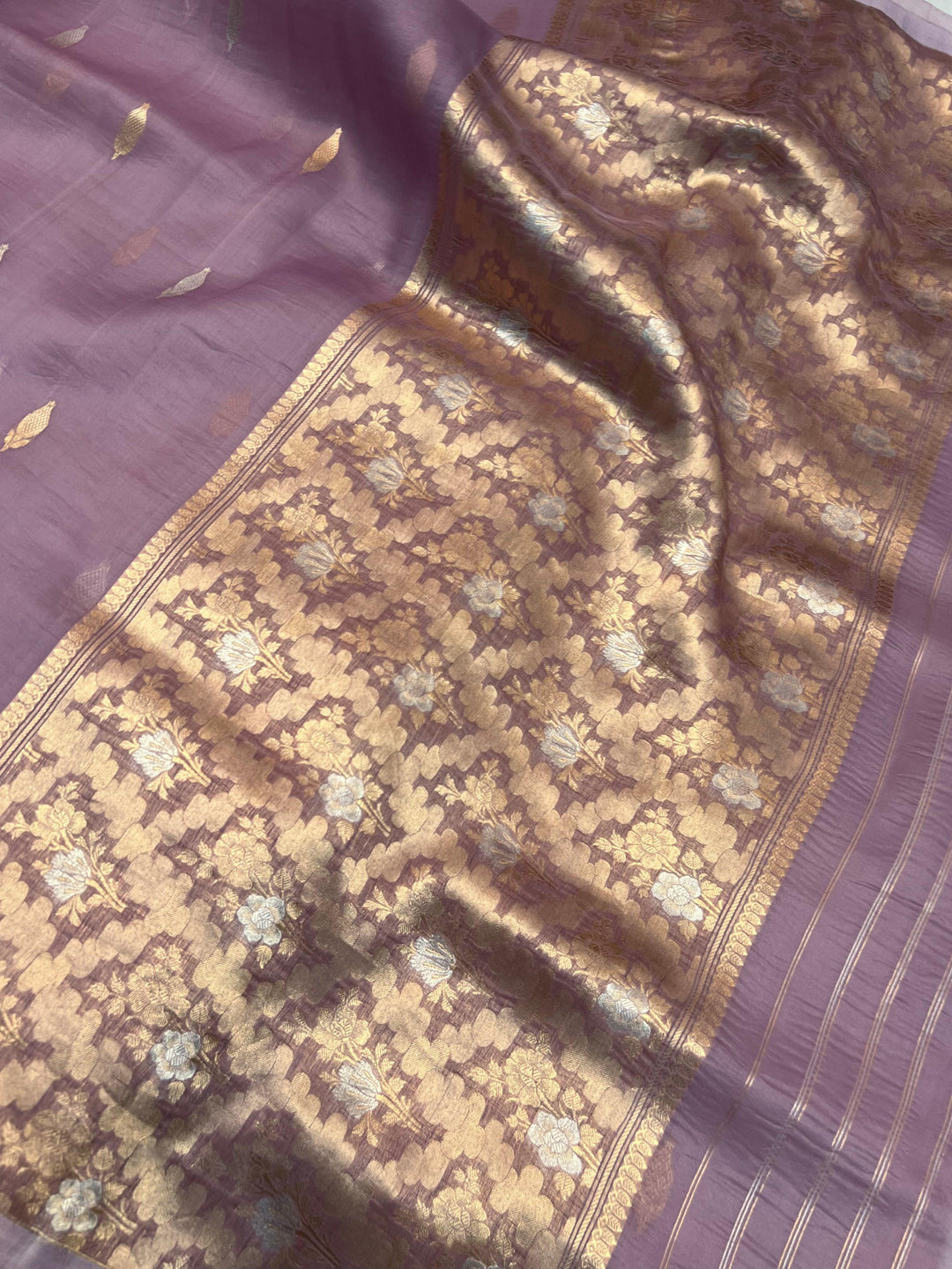 Classy designer pallu woven with gold and silver zari on pure Kora silk Banarasi saree