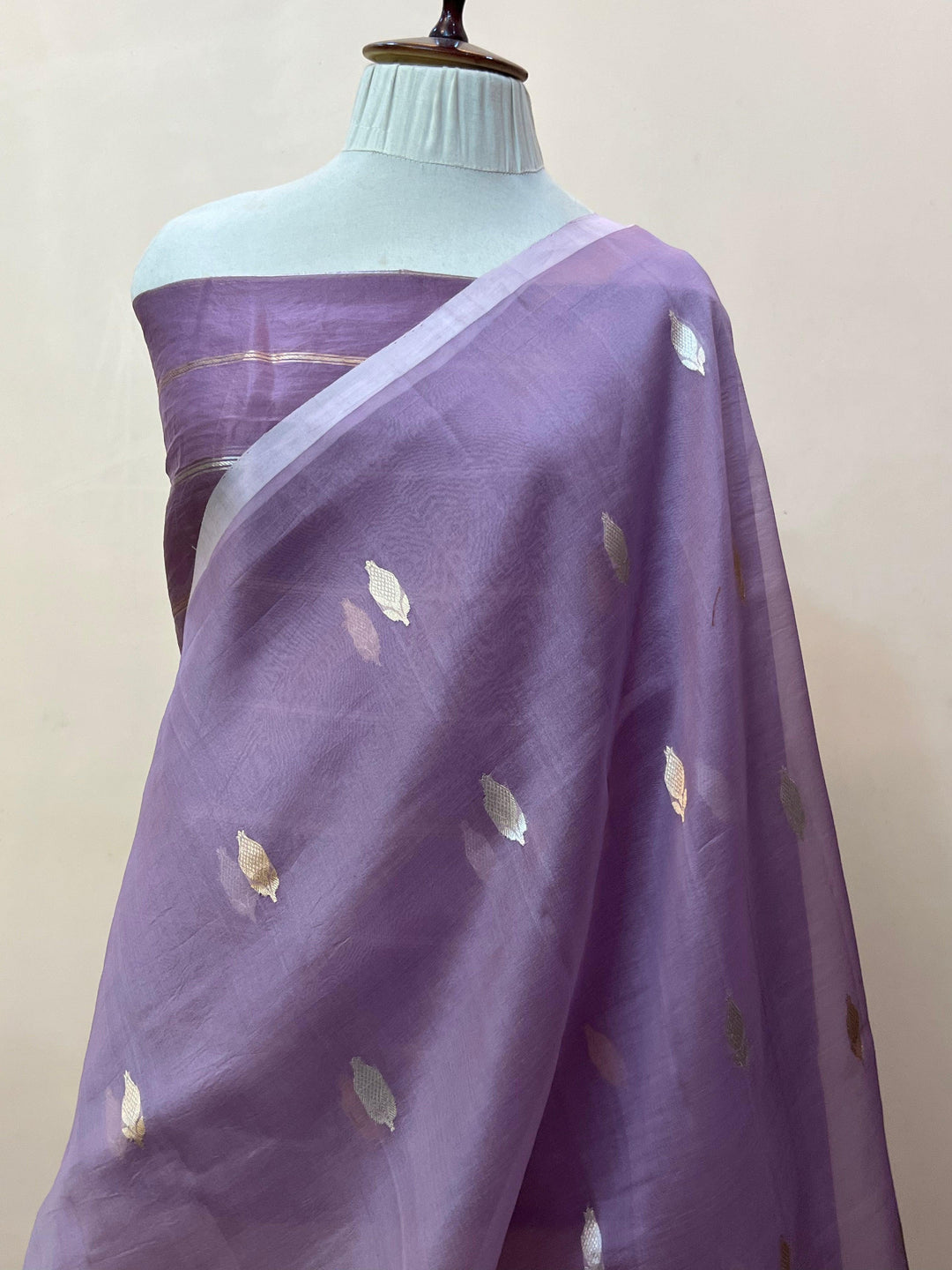 Pure Kora silk handloom Banarasi saree draped with Kadhwa Sona Rupa butis, sleek Mashru silk border, and elegant designer pallu