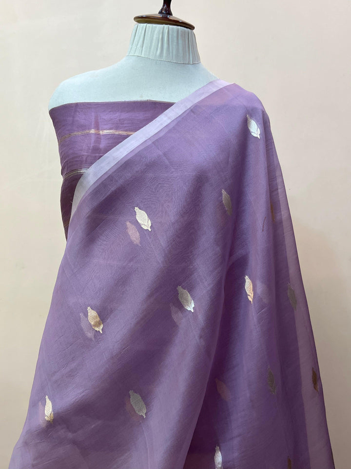 Pure Kora silk handloom Banarasi saree draped with Kadhwa Sona Rupa butis, sleek Mashru silk border, and elegant designer pallu