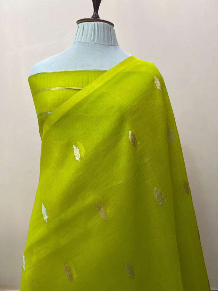 Pure Kora silk handloom Banarasi saree draped with Kadhwa Sona Rupa butis, sleek Mashru silk border, and elegant designer pallu