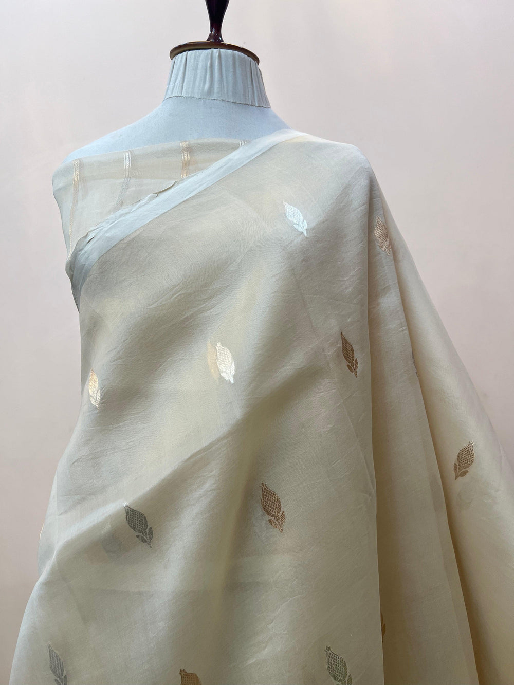 Pure Kora silk handloom Banarasi saree draped with Kadhwa Sona Rupa butis, sleek Mashru silk border, and elegant designer pallu
