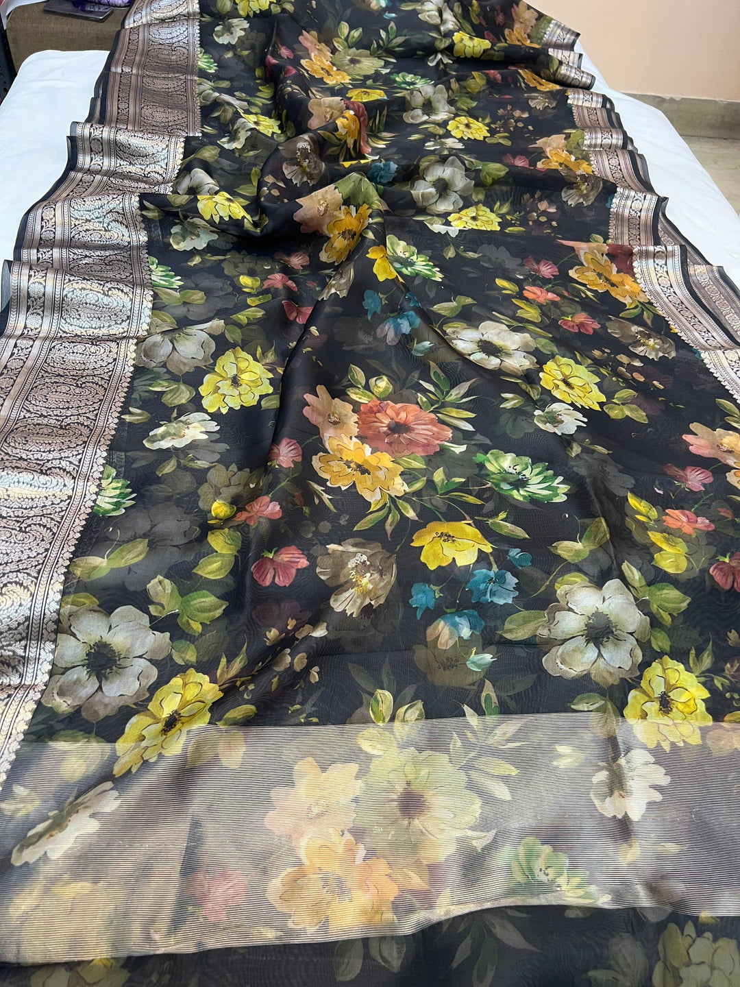 Pure Banarasi handloom Kora silk saree with vibrant floral digital print and silver zari border