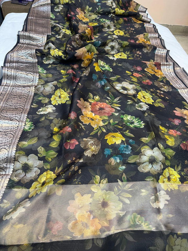 Pure Banarasi handloom Kora silk saree with vibrant floral digital print and silver zari border