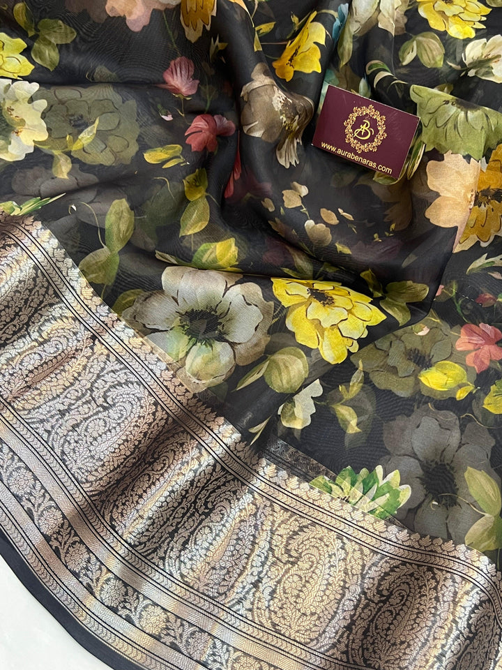 Detailed view of colorful floral digital print on pure Kora silk Banarasi saree