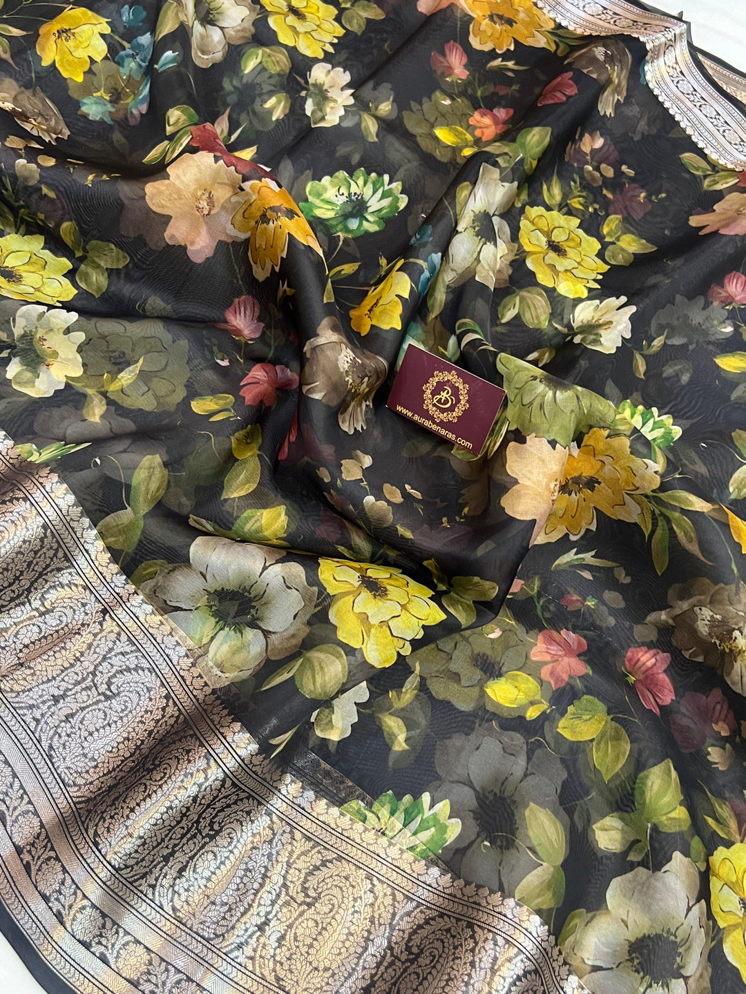 Detailed view of colorful floral digital print on pure Kora silk Banarasi saree