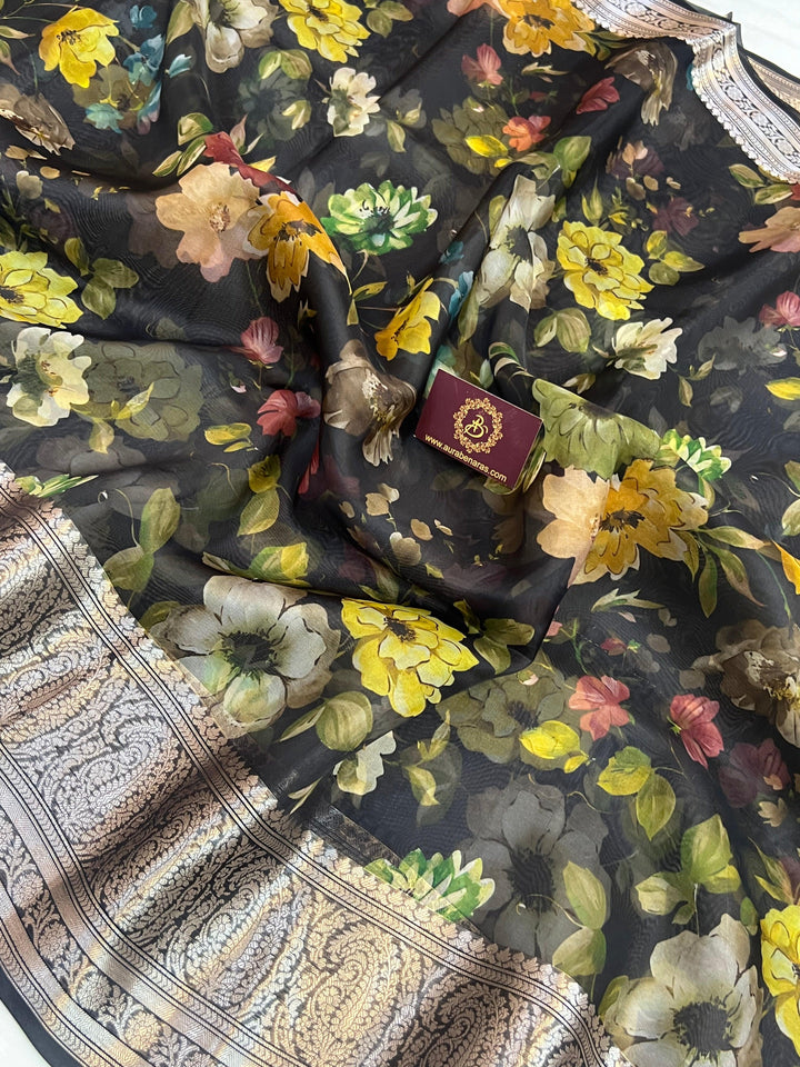 Detailed view of colorful floral digital print on pure Kora silk Banarasi saree