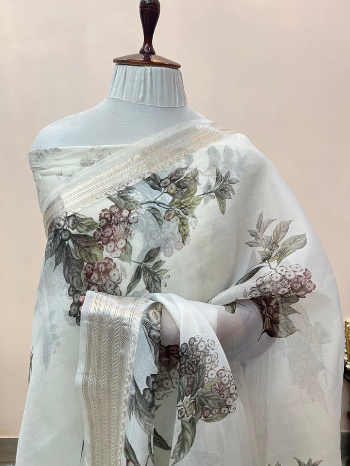 Pure Banarasi handloom Kora silk saree with vibrant floral digital print and silver zari border